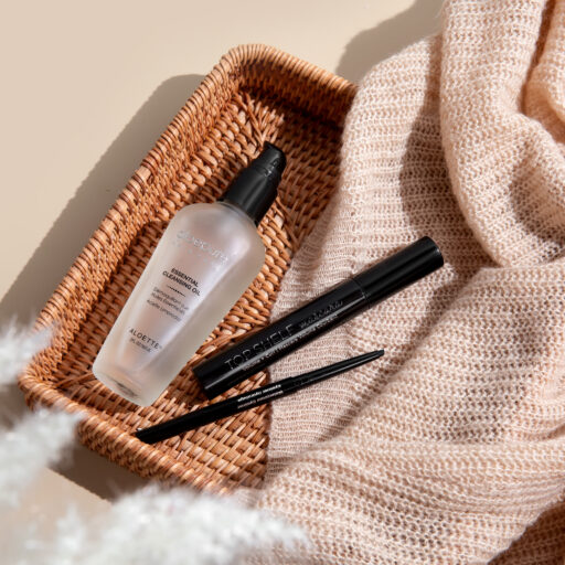 Essential Cleaning Oil - TopShelf - Waterproof Eyeliner - Flatlay- Fall trey- Sweater-cream.jpg