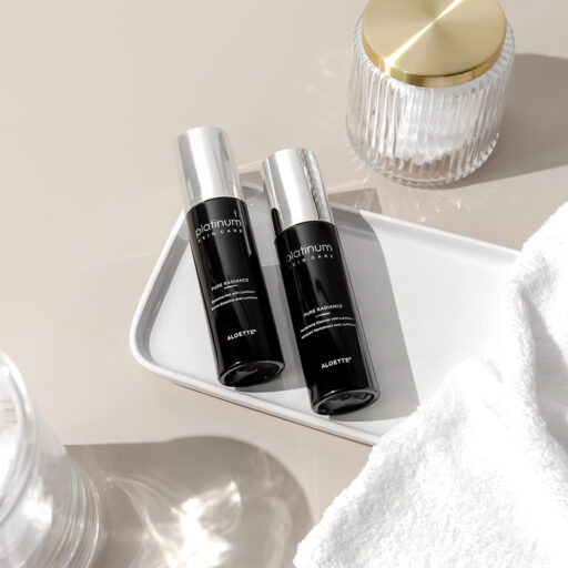 Pure Radiance Cleanser Mist-flatlay on tray-towels-jar-brown-1080.jpg